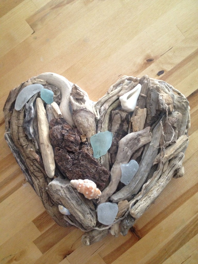 A driftwood heart with sea glass